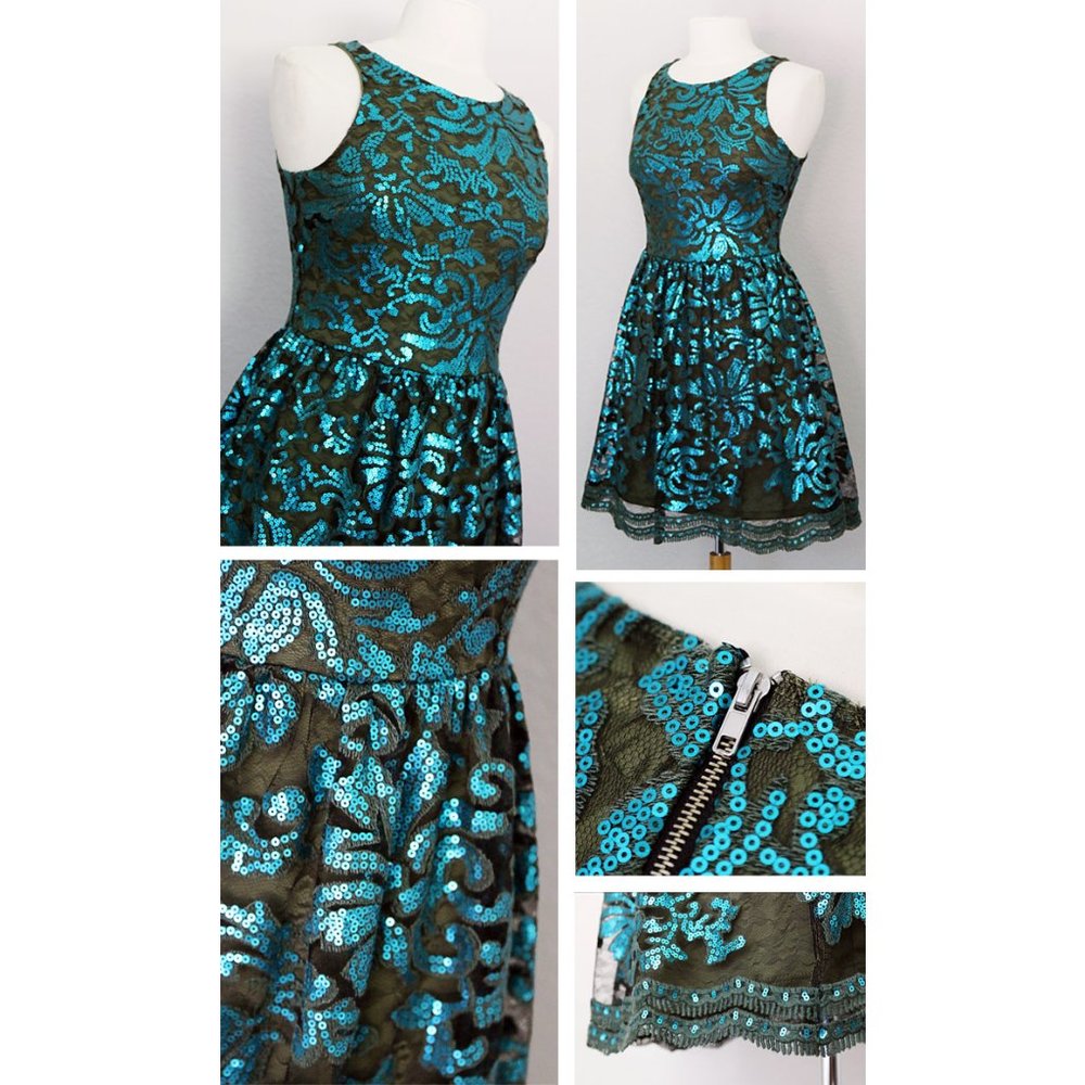 Teal Olive Green Sequin Crochet Scallop Lace Dress - Picture 4 of 8